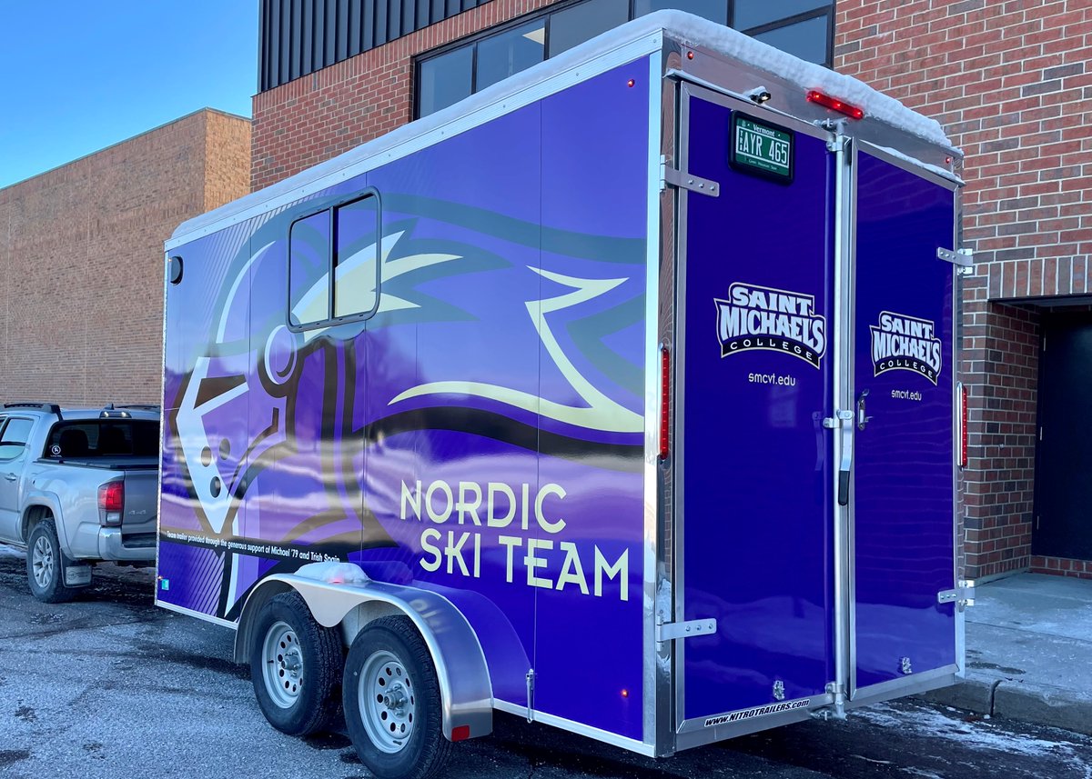 SaintMikesAD's tweet photo. The EISA Carnival circuit begins next weekend, and the @smcathletics Nordic Ski Team is equipped and ready! Big thanks to Michael '79 and Trish Spain, whose generous support made this sharp custom support trailer a reality for the Purple Knights #SkiFast #ThinkSnow #SMCPKs https://t.co/D537azety2