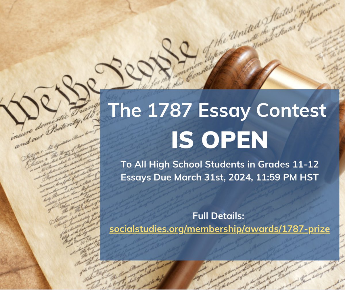 ✍️ Reminder: The annual 1787 Essay contest is open until March 31st! This is an opportunity for students in grades 11 and 12. 

➡️ Learn more: hubs.ly/Q022hxS_0 #students #teaching #Constitution