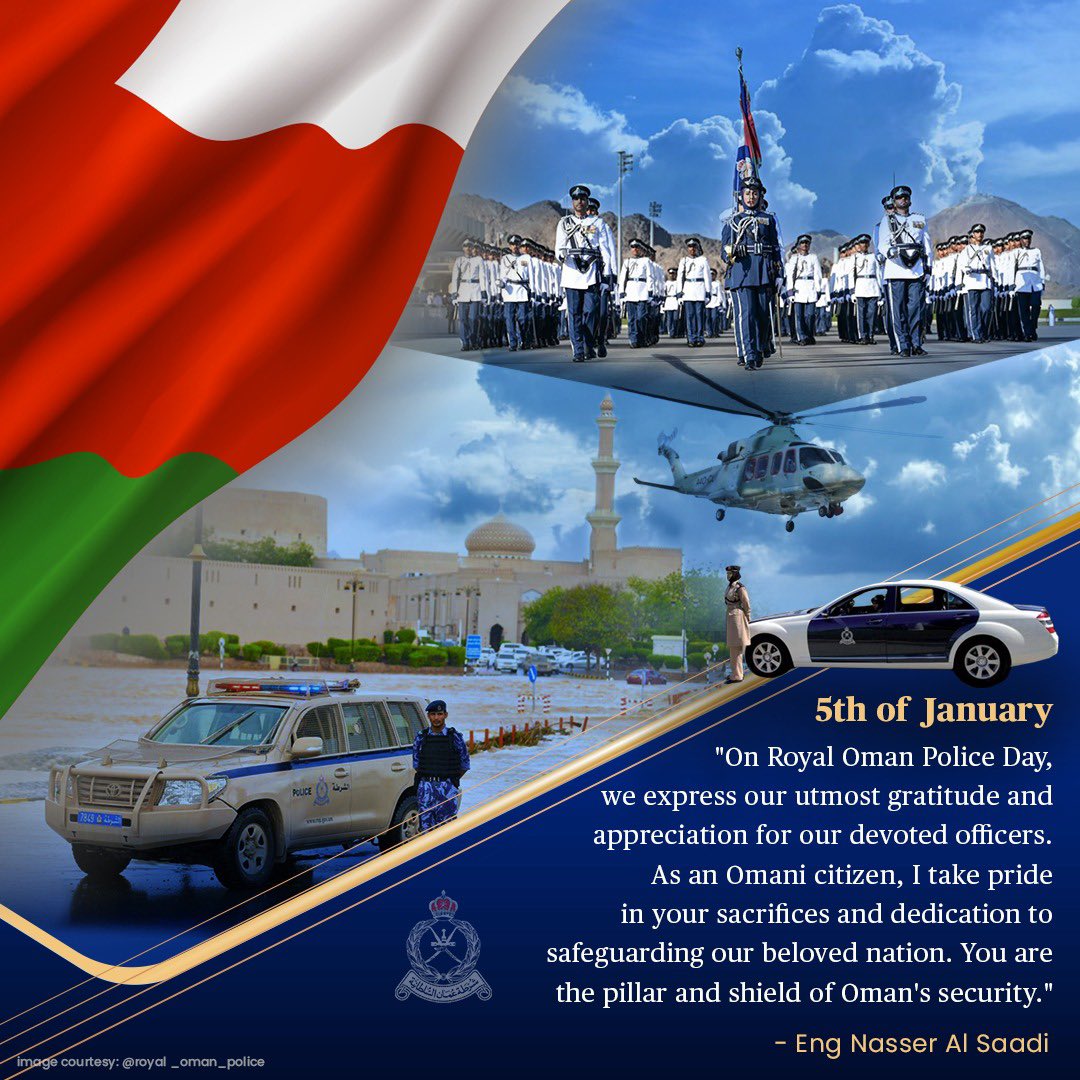 Nasser_Alsaadi_'s tweet photo. Honoring the dedication and bravery of the Royal Oman Police on their special day, celebrating their unwavering commitment to safeguarding our beloved nation. 

5th January 

@RoyalOmanPolice 
#RoyalOmanPoliceDay https://t.co/W3HIMfCG56