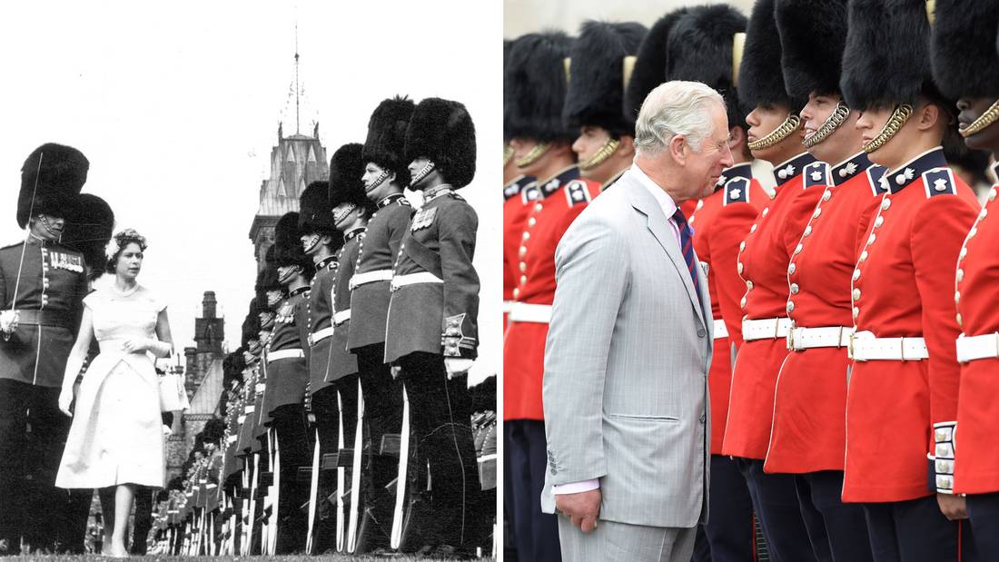 Queen Elizabeth II, Queen of Canada, inspects a Ceremonial Guard on Parliament Hill for Canada’s 100th Birthday in 1967. In 2017, her son, the future King Charles III, King of Canada, inspects a Ceremonial Guard on Parliament Hill for Canada’s 150th Birthday. 💂🍁 #cdnpoli