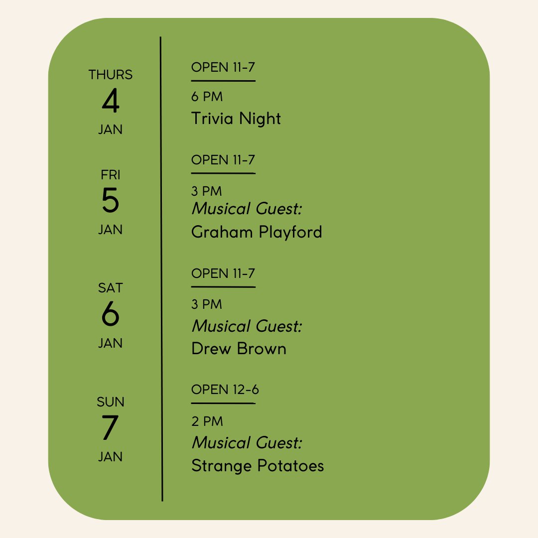 Kick off the first weekend of the new year with #SideLaunch with Trivia Night on Thursday, tunes by Graham Playford_on Friday night, an amazing performance from Drew Brown's full band on Saturday and end off the weekend with Strange Potatoes on Sunday! Hope to see you there 🍻