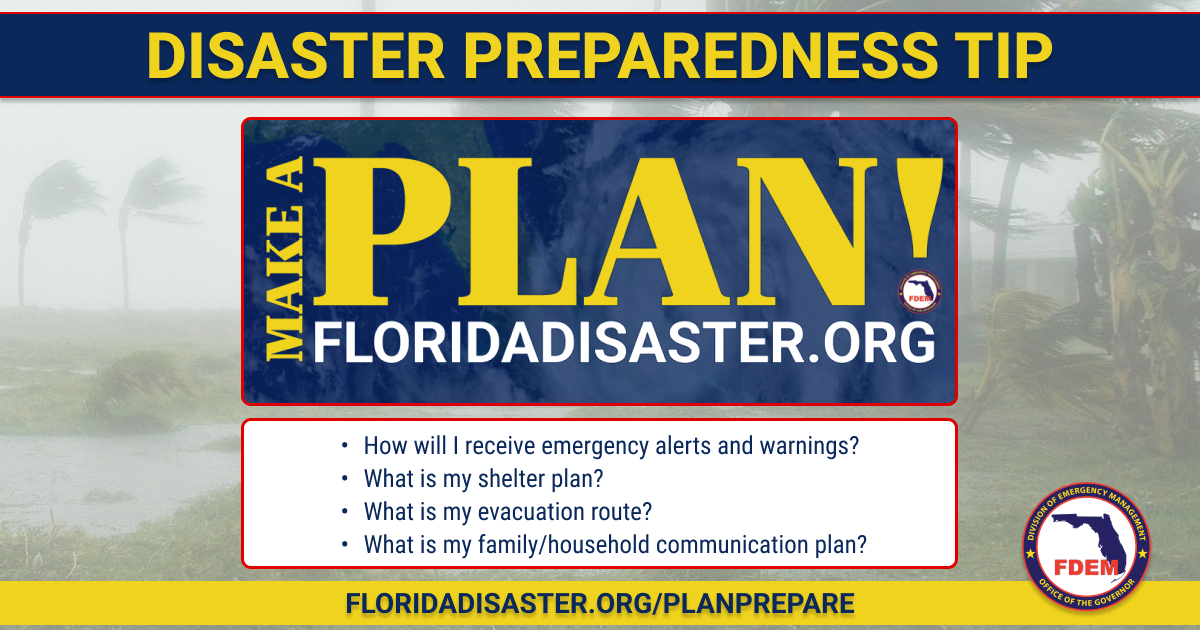 Don't wait until disaster strikes. Invest in your preparedness this year & make a plan. ⛈️ Know which disasters can impact your area 🏡Discuss the plan with the entire household 🗒️ Write down the plan & store in a safe place ➡️ Make a plan today – FloridaDisaster.org/PlanPrepare