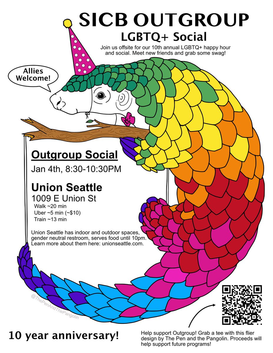 SICB Outgroup LGBTQ social this Thursday at Union Seattle! Join us to celebrate a decade of Outgroup 🌈🏳️‍🌈🏳️‍⚧️🧬🔬🥼🧪🌿🍄🦜🐍🐝<a href="/SICB_/">SICB</a>⁩ ⁦<a href="/ryanehulett/">Ryan Hulett</a>⁩
