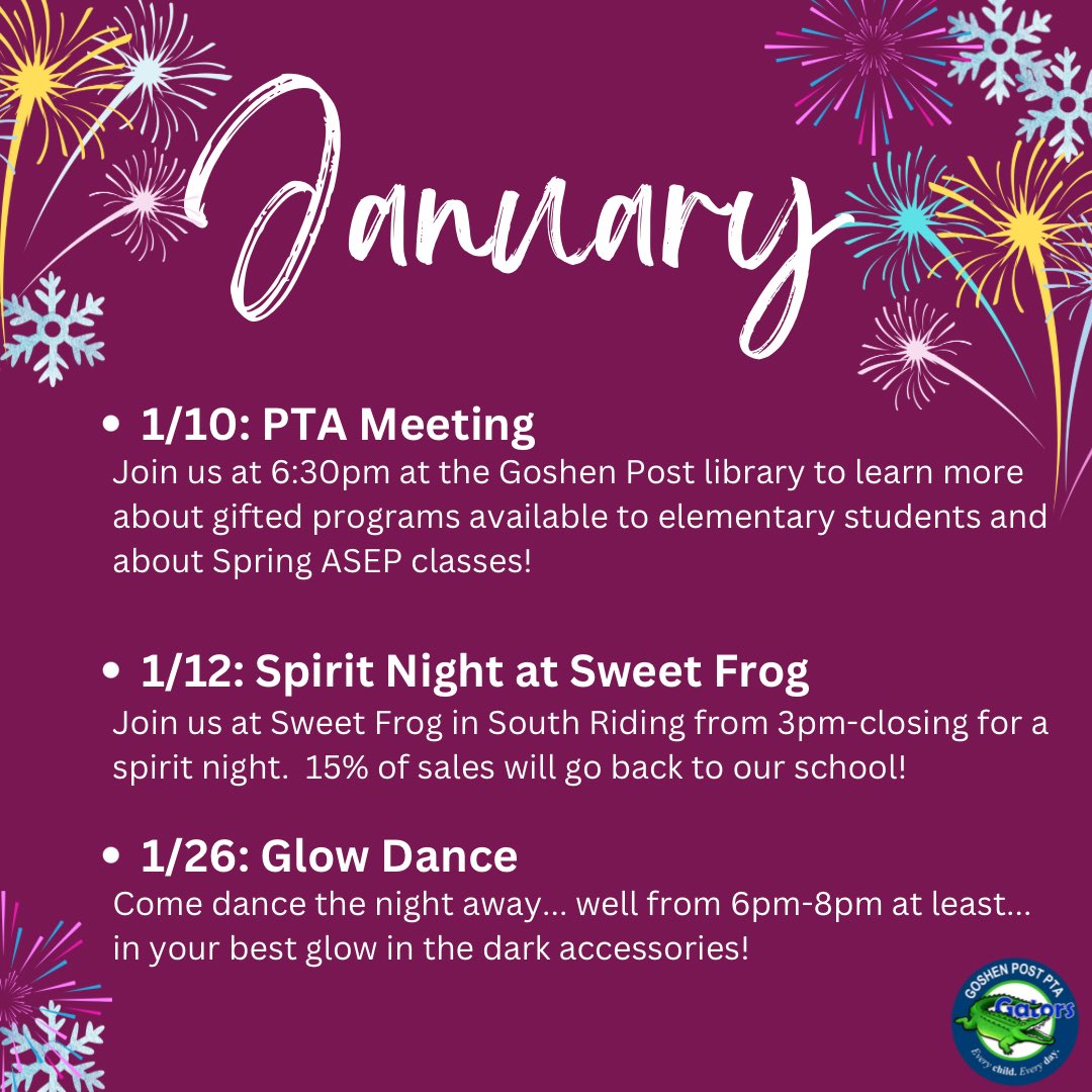 Mark your calendar for these upcoming January PTA events!
<a href="/GoshenPostES/">Goshen Post ES</a>