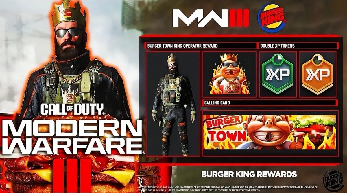 🚨 Burger King Pack Code Giveaway #MW3    🚨

Two Codes One Winner 
- Burger Town Operator Skin 
- Emblem
- Calling Card

To Enter 👇
- Follow <a href="/ElvisCOD/">Elvis COD🎮</a>
- Like &amp; RT this post
- Tell me your favourite bundle across call of duty.