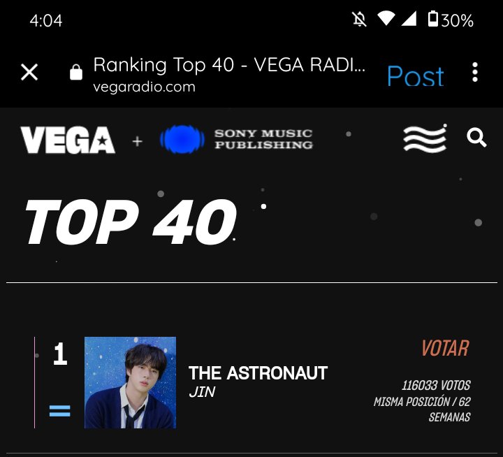 lunan_92's tweet photo. @PeruSeokjin ¡Saludos @vegaradio!
Dejo un voto para que #TheAstronaut de #Jin se mantenga en la primera posición del #Kpoptop40 del #vegachart y que siga sonando 😁🫶🏻 ¡Gracias! https://t.co/YPYfr0nzaw