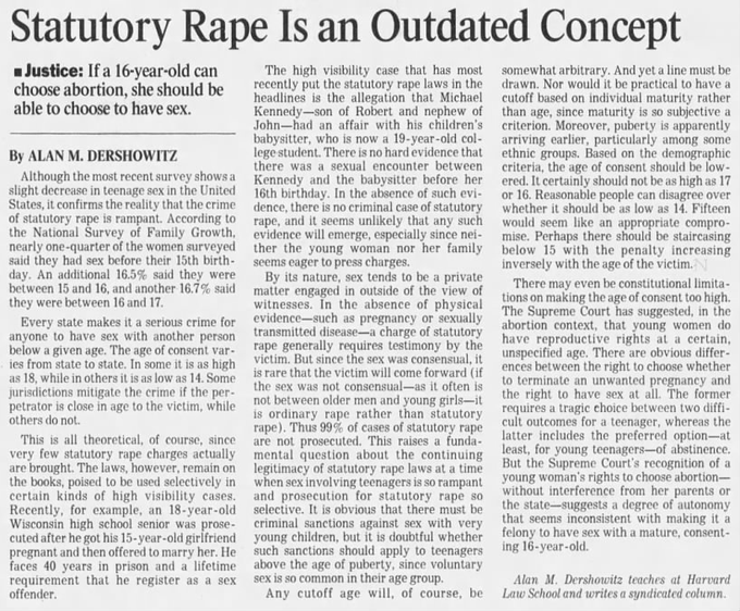 Remember when Jeffrey Epstein associate, and Donald Trump lawyer, Alan Dershowitz wrote an op-ed trying to justify having sex with kids? Seems relevant now.