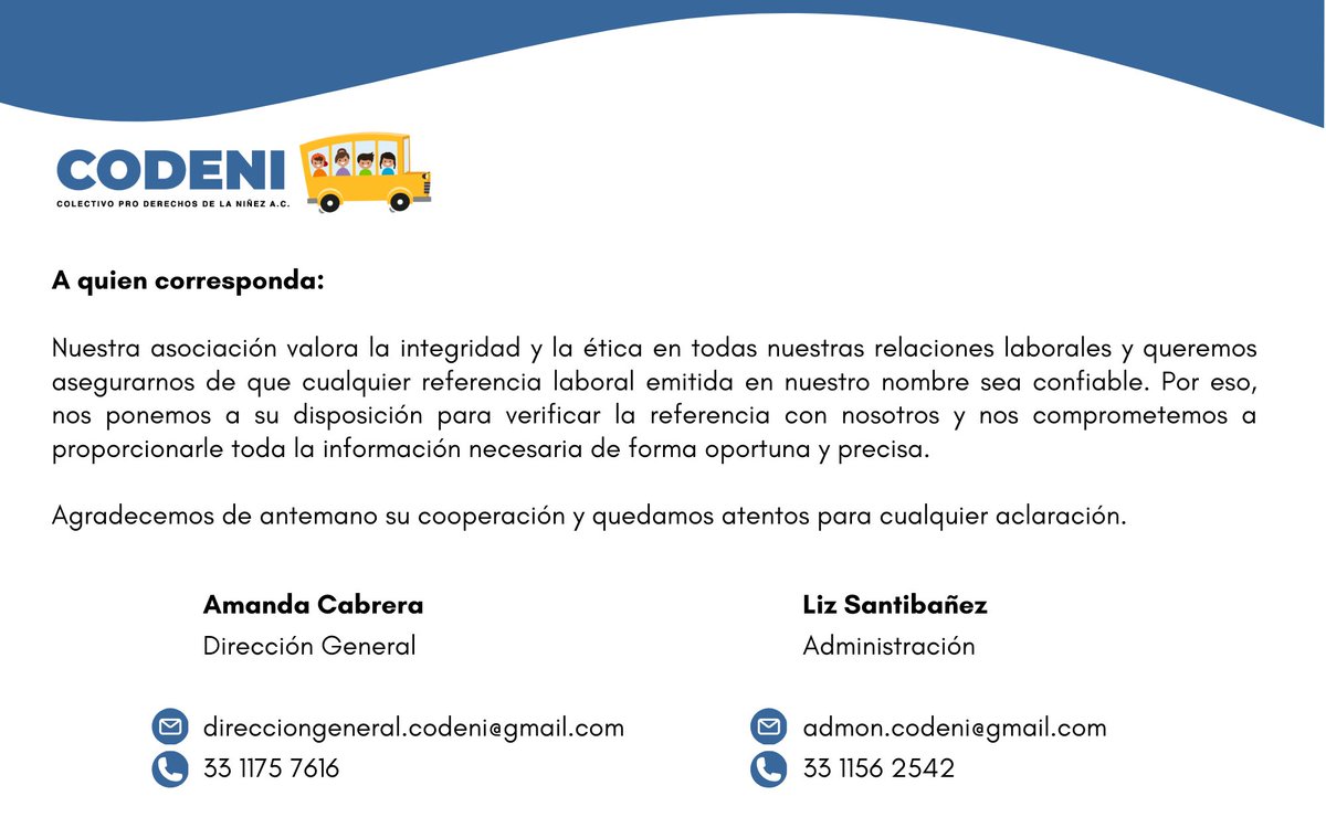 CODENI_AC's tweet photo. Les compartimos un comunicado respecto a la verificación de referencias laborales emitidas en nuestro nombre. Agradecemos su atención y cooperación. https://t.co/QiMkydjxQ3