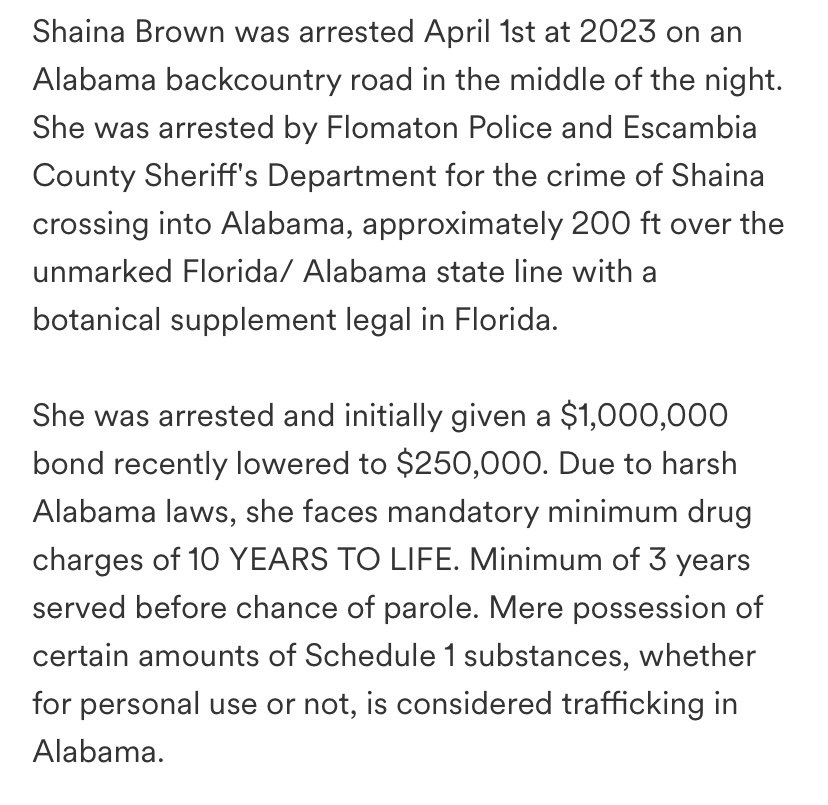 Kratom is derived from a plant that’s related to the coffee family. It can be used for pain, depression, anxiety, withdrawal, etc. This young lady faces 10 years to life for possessing a natural botanical for her OWN use. #KeepKratomLegal 

gofundme.com/f/shaina-brown…