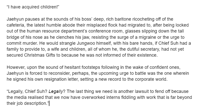 haiyuus's tweet photo. overworked, overstressed, overachiever secretary jeong's trials and tribulations in neo culture ltda, an office au for @johnjaeweek this year! #wipwednesday https://t.co/00WFHanoim