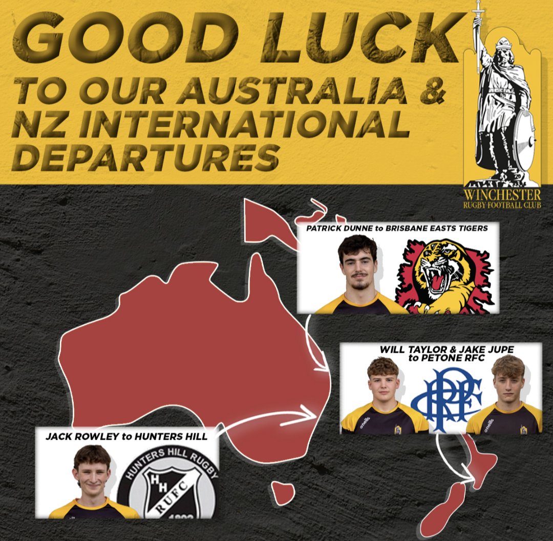 Winchester RFC (@winchesterrfc) on Twitter photo January 2024 is an exciting month for 4 of our home grown 1st XV squad players who came through our age grade set up and Academy
Will Taylor - NZ <a href="/PetoneRugby/">Petone Rugby Club</a> 4th Jan
Jake Jupe - NZ <a href="/PetoneRugby/">Petone Rugby Club</a> 26th Jan
Patrick Dunne - Oz <a href="/EastsRugbyUnion/">Easts Rugby Union</a> 25th Jan
Jack Rowley - Oz @hhrugby TBC January 2024 is an exciting month for 4 of our home grown 1st XV squad players who came through our age grade set up and Academy
Will Taylor - NZ <a href="/PetoneRugby/">Petone Rugby Club</a> 4th Jan
Jake Jupe - NZ <a href="/PetoneRugby/">Petone Rugby Club</a> 26th Jan
Patrick Dunne - Oz <a href="/EastsRugbyUnion/">Easts Rugby Union</a> 25th Jan
Jack Rowley - Oz @hhrugby TBC