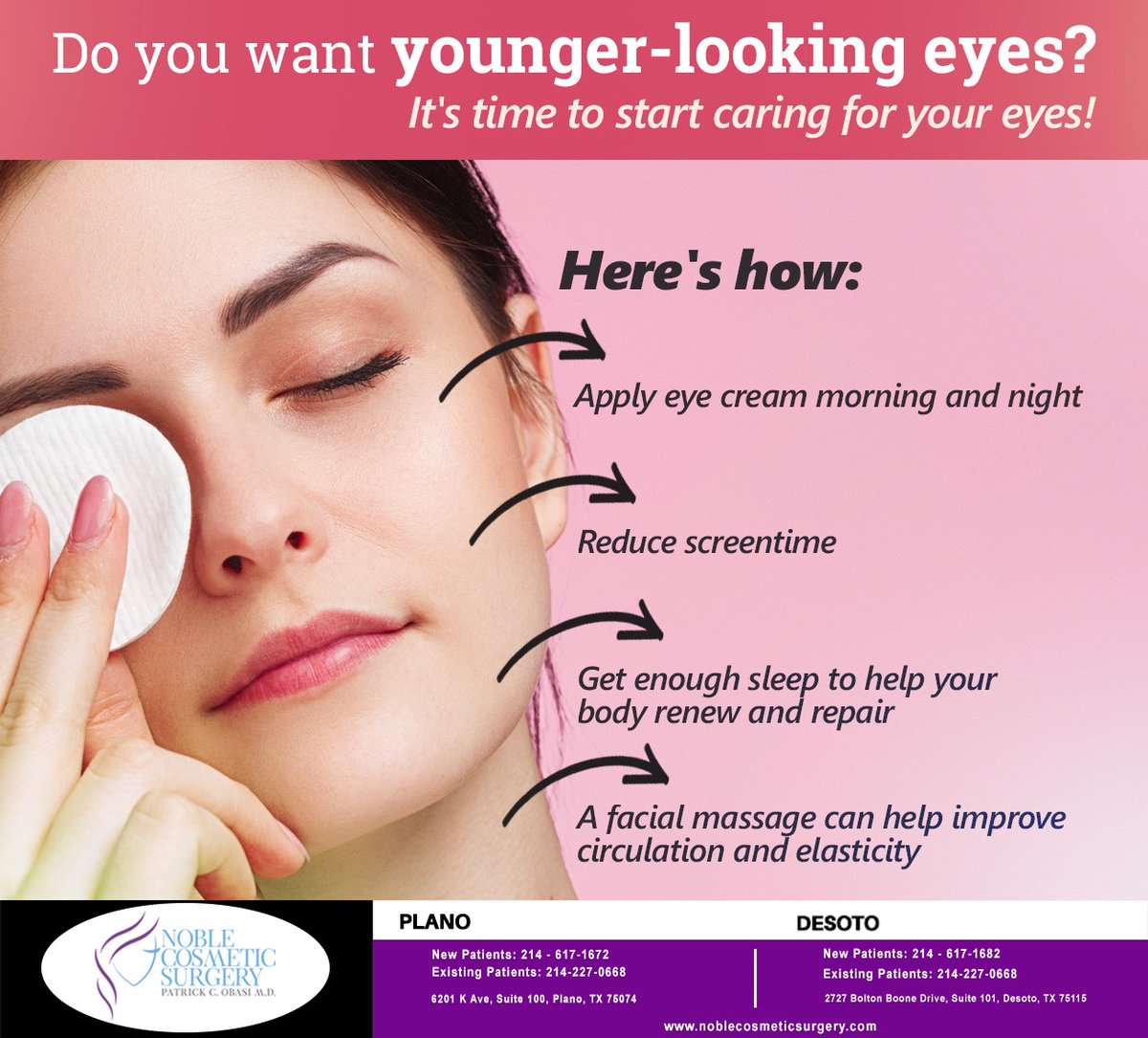 DrPatrickObasi's tweet photo. Start  caring for your eyes early to prevent and reduce signs of aging around  your eyes. Remember to stay hydrated, use sun protection, and get enough  sleep for youthful-looking eyes. #eyehealth   #boardcertifiedcosmeticsurgeon  #patientsafety #patientsatisfaction https://t.co/eXxDqiR8ii