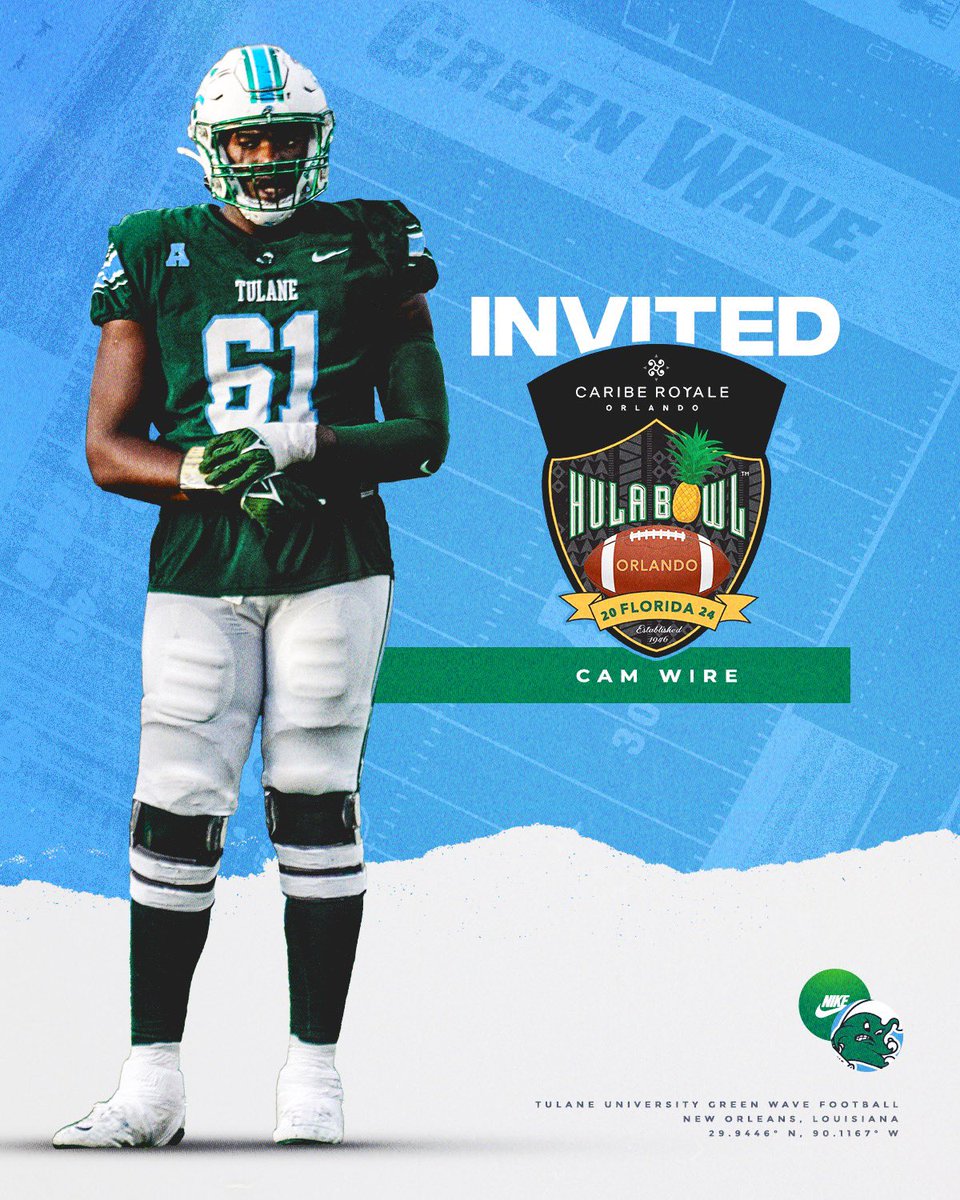 GreenWaveFB's tweet photo. .@Cwire42 is headed to the @Hula_Bowl! 

#RollWave | #NOLABuilt https://t.co/VksrdAgk8r