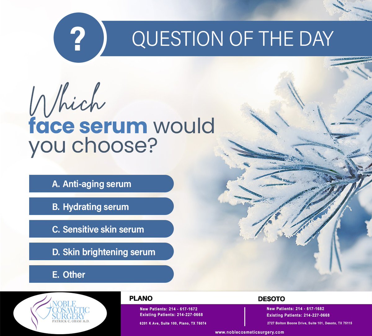DrPatrickObasi's tweet photo. There is  no wrong answer, but make sure you pick the right serum for your skin  type. Consult your dermatologist for advice on choosing the best serum  to add to your skin care routine. #skincare #serum #healthyskin #boardcertifiedcosmeticsurgeon  #patientsafety https://t.co/oQ3YIaUdw9