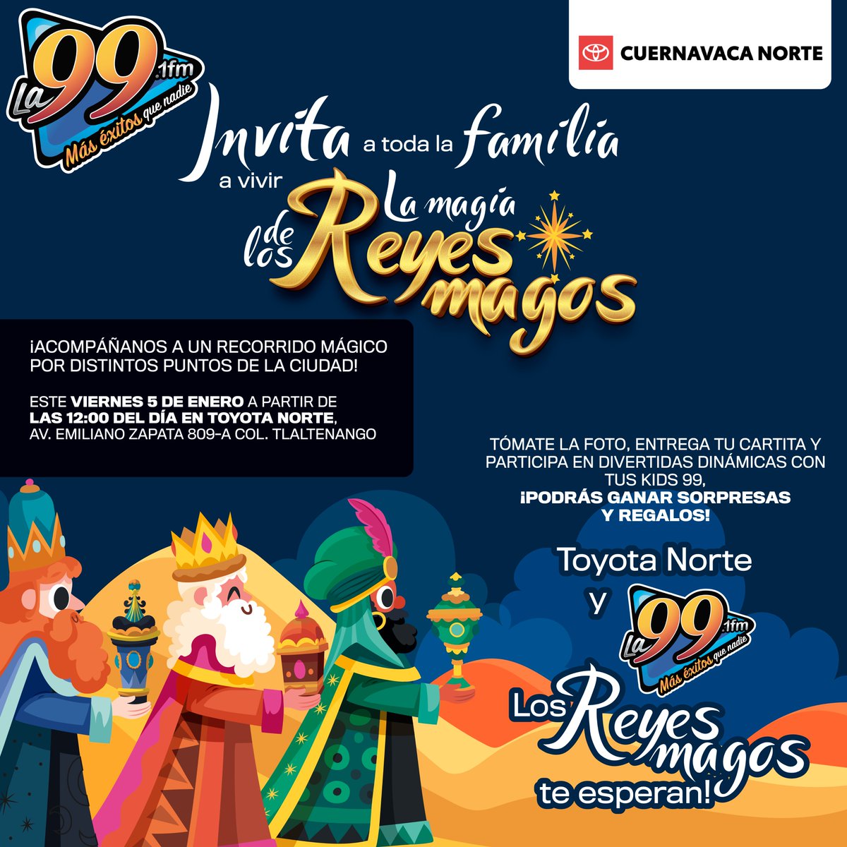 DiariodeMorelos's tweet photo. Este viernes 5 de enero, acompáñanos a un recorrido mágico en distintos puntos de la ciudad en punto de las 12:00 del día. 🙌✨🥳👑

Podrás ganar increíbles premios y participar en las dinámicas de nuestros amigos de Toyota Cuernavaca, Toyota Norte y Chirey Cuernavaca 🚗🎊

¡Te esperamos!
