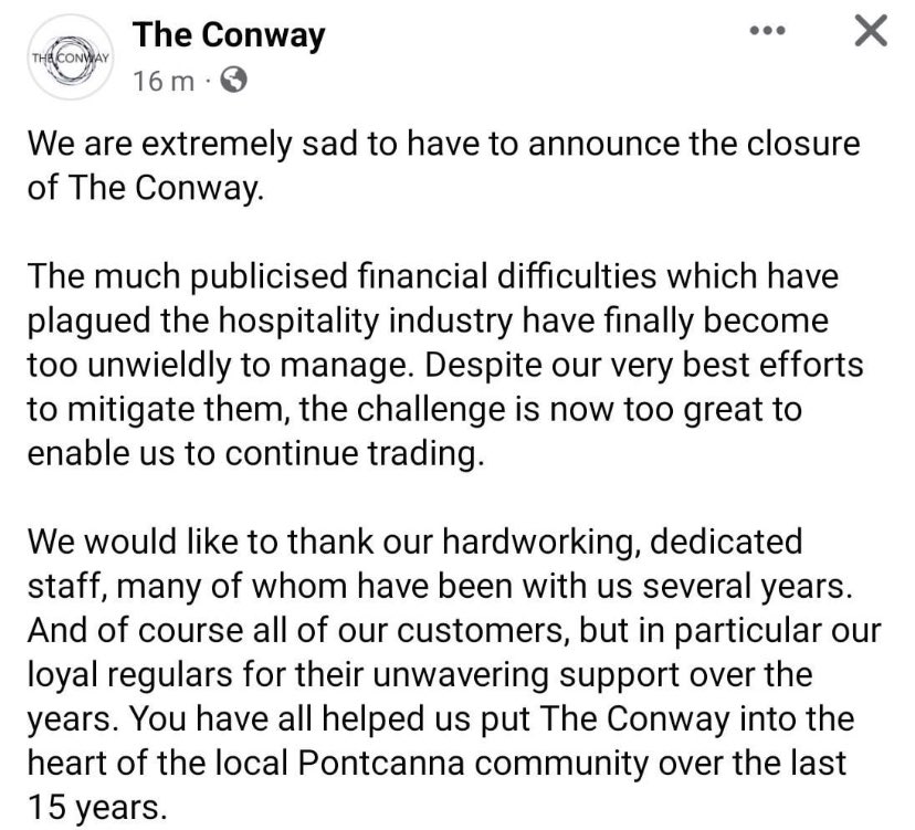 ILovesTheDiff's tweet photo. Sad news from Pontcanna - The Conway pub has closed. Hard to believe given it seemed such a permanent fixture. Can remember lots of events and funny happenings. Sorry to all affected by the closure. https://t.co/Ye0nUubOvv
