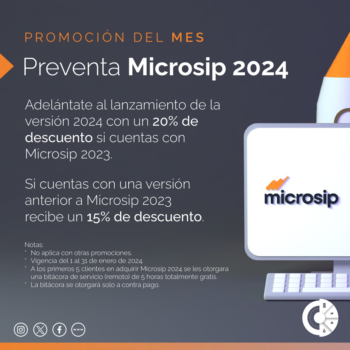 soesoluciones's tweet image. 🚀 ¡Ya llegó la preventa! 🚀
Estamos emocionados de presentarte la preventa de Microsip 2024 y de Exsim.
Potencia la eficiencia de tu negocio. ¡No esperes más, la oferta es válida hasta el 31 de enero! 💼🔒
#Microsip #ERP #SAT