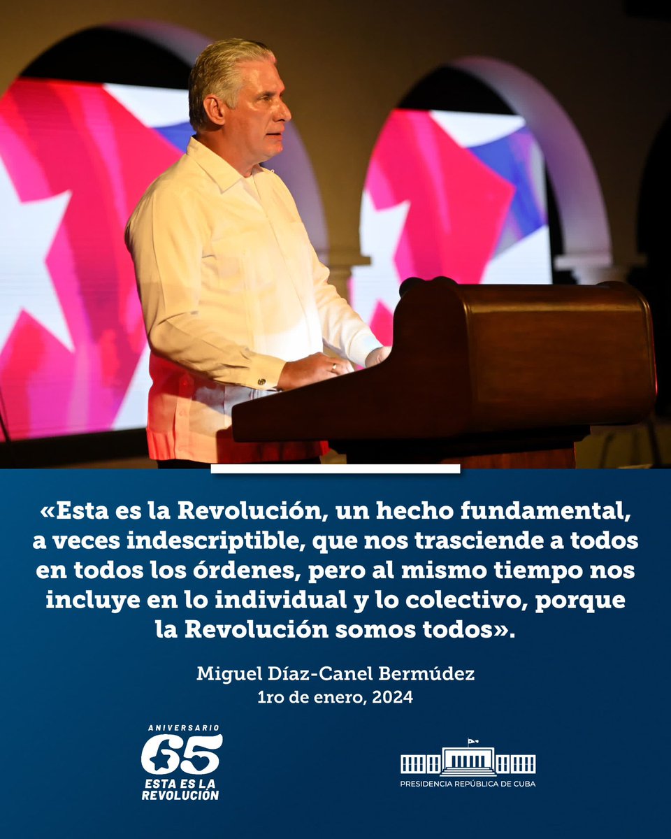 🇨🇺| <a href="/DiazCanelB/">Miguel Díaz-Canel Bermúdez</a>: “Esta es la Revolución, un hecho fundamental, a veces indescriptible, que nos trasciende a todos en todos los órdenes, pero al mismo tiempo nos incluye en lo individual y lo colectivo, porque la Revolución somos todos”.

#Cuba ❤️