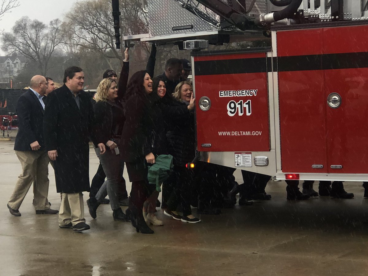 Celebrating the arrival of our new 100ft aerial platform apparatus with a push in ceremony at the Delta Township Fire Department.  Thank you to State Rep. Angela Witwer for securing the funding for this important investment.  <a href="/KenFletcher6/">Ken Fletcher</a> <a href="/AngelaMIHouse/">Angela Witwer</a>