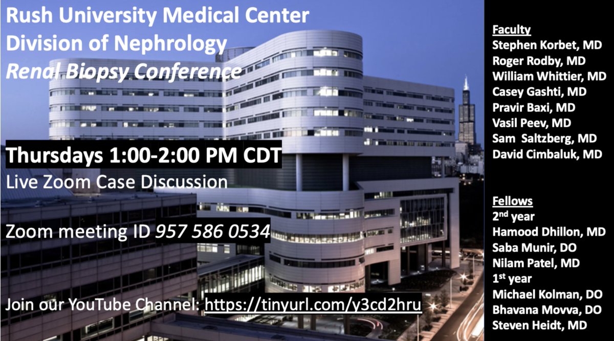 <a href="/Rush_Nephrology/">Rush Nephrology</a> Renal Biopsy Conference tomorrow Thursday 1/4/24 (can it really be 2024?)  1 PM CST. Live Zoom ID # 957 586 0534. There are several relatively new drugs for lupus nephritis, is there a standard of care? Join us to give your opinion.  #RUMCRBC