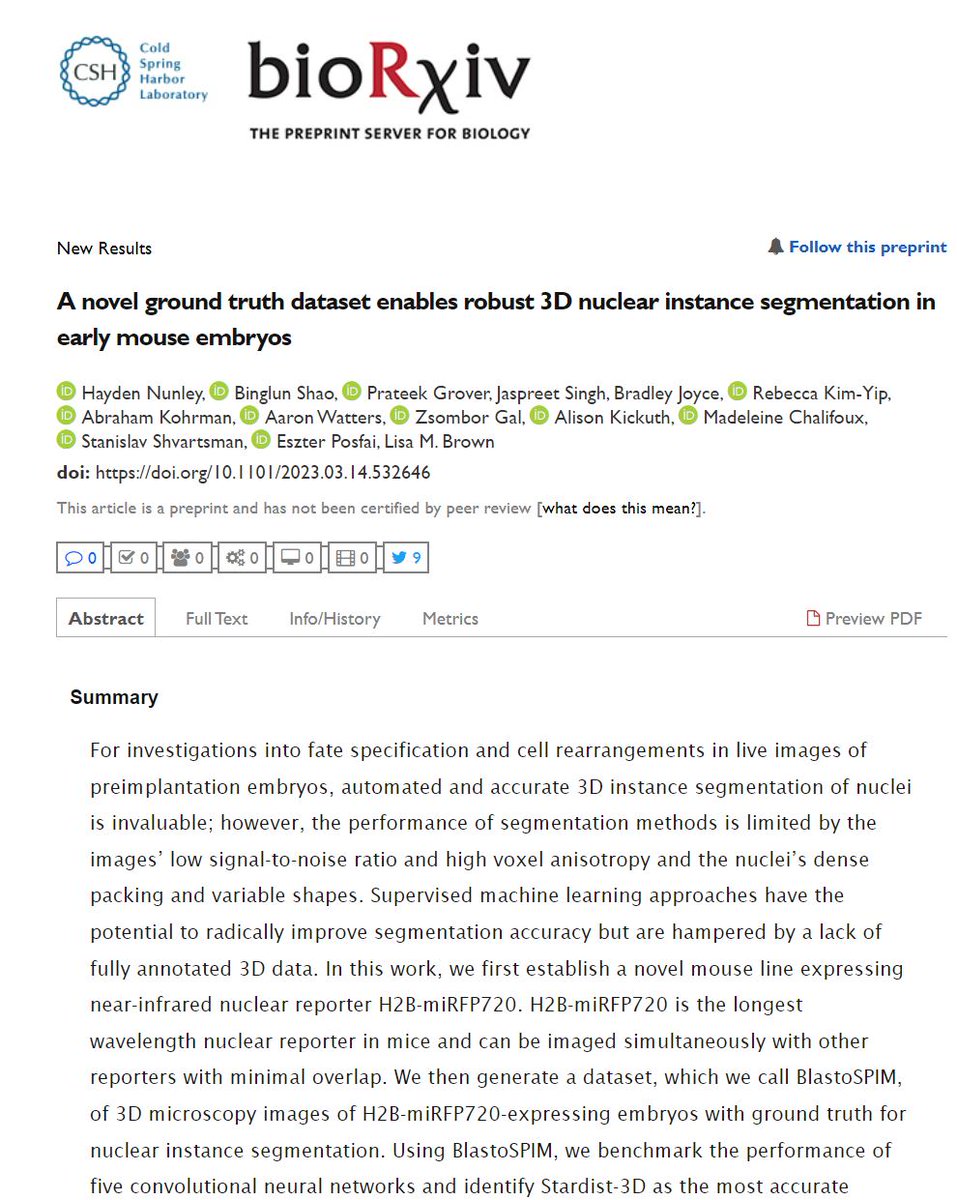 I've come across a valuable resource in my routine searches. This dataset seems great for training 3D nuclear instance segmentation models, especially in mouse embryos. Check it out!
#microscopy #bioimageanalysis #deeplearning
biorxiv.org/content/10.110…