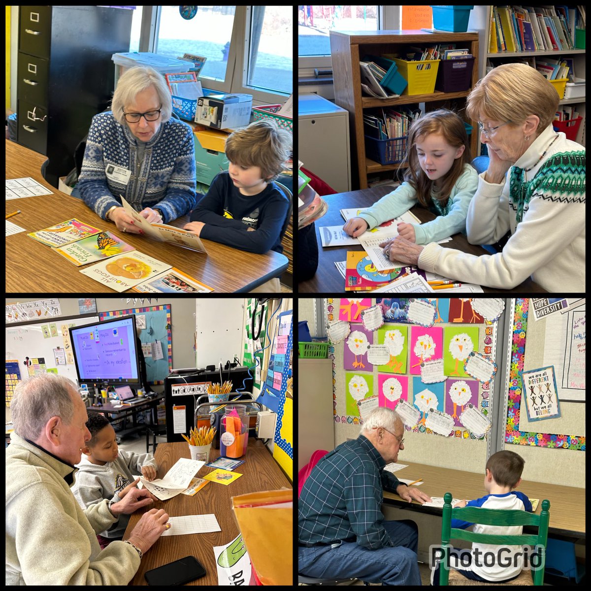 MrsWelchJCS1's tweet image. Imagine four community volunteers listening to firsties reading ALL morning! Talk about lucky! #readingpractice #SeaTurtlesRule