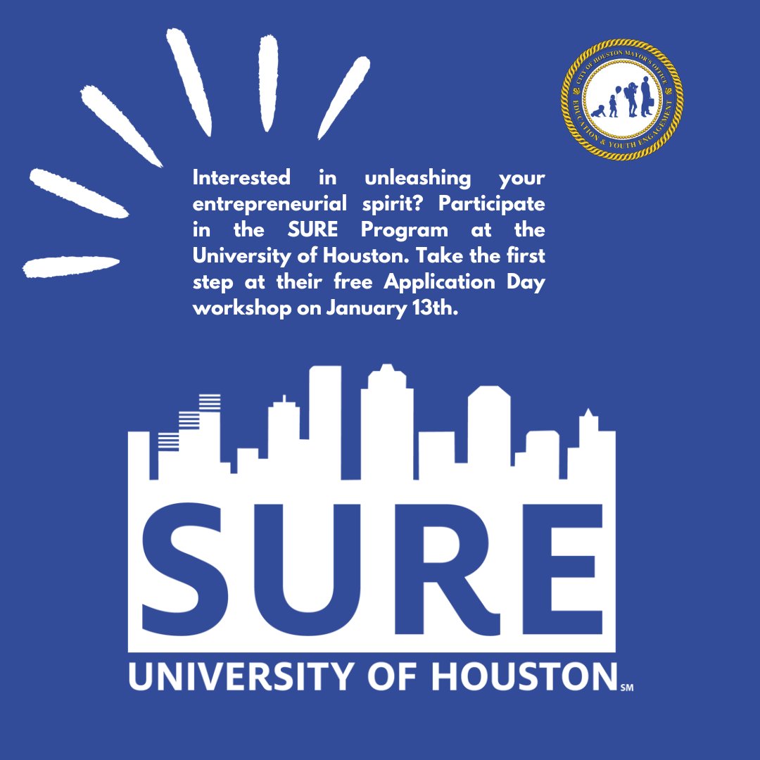 Unlock success with the SURE Program. Join @UHouston on Jan. 13 for a free Application Day workshop. Learn about the program, empowering over 700 Houston businesses. Hands-on and interactive- your first step to business excellence. REGISTER: shorturl.at/bcEIQ