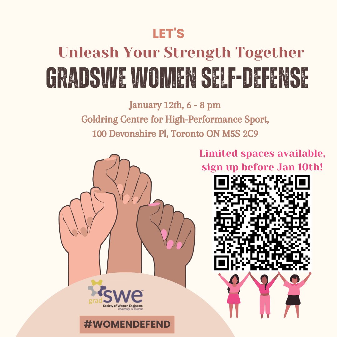 GradSWE_UofT's tweet photo. We are inviting you to join us for a special event - a Free Women's Self-Defense Session! This session will equip women with essential self-defenses techniques to build confidence.
Spaces are limited, so RSVP by 10 January to secure your spot: https://t.co/vEtwUkjY6g...
See less https://t.co/PfiqYptmee