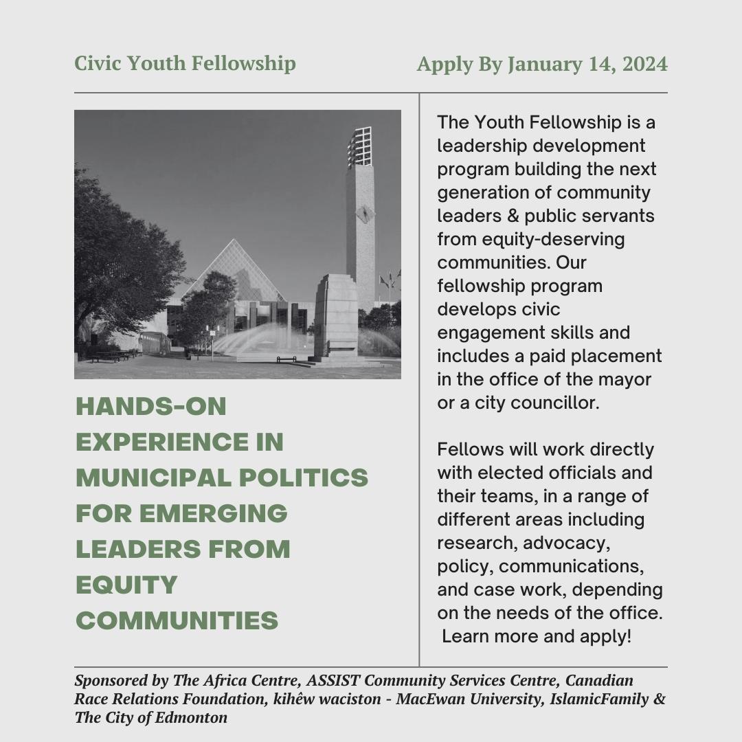 kerentangyeg's tweet photo. The Civic Youth Fellowship is accepting applications until Jan 14 2024. Last year, the fellowship was piloted &amp; 13 interns joined us at #YEGCC for 8-weeks. I'm excited to see the program expand to 10-weeks &amp; include positions in Deputy City Manager offices https://t.co/LXoiablYHm https://t.co/rKq29gBhSx