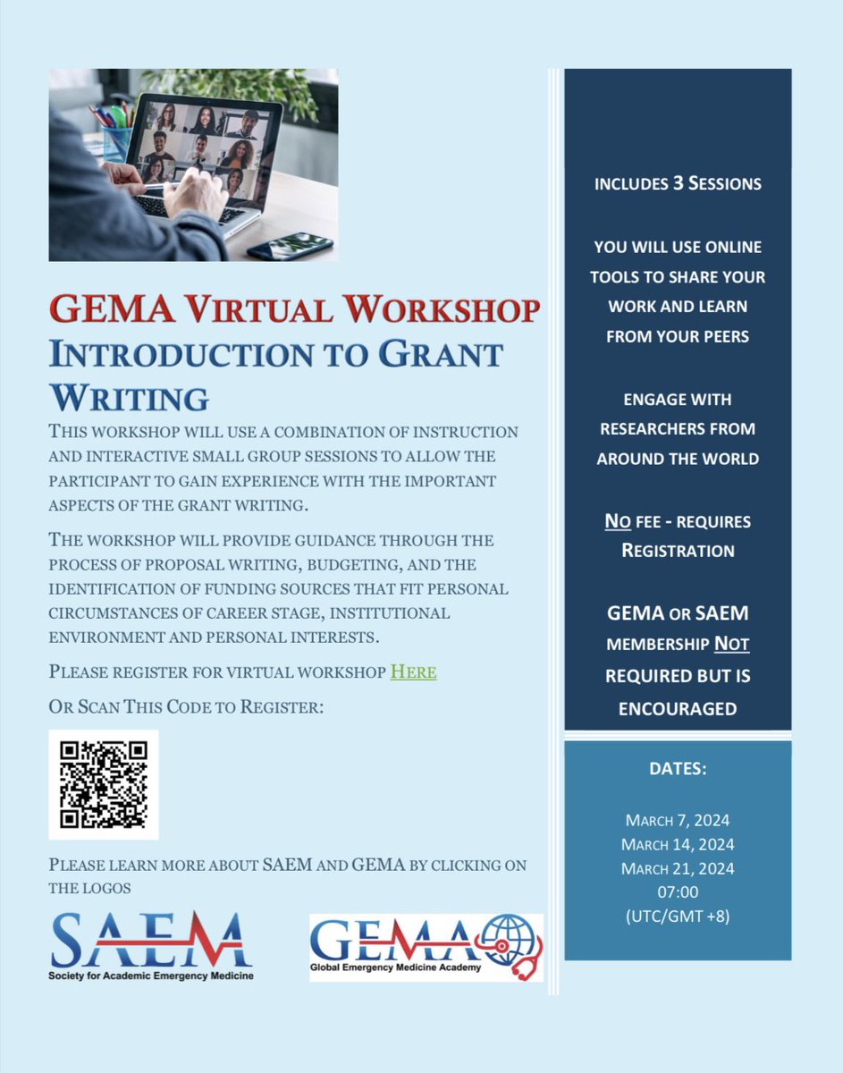 Interested in learning how to write a grant? Register for our GEMA sponsored grant writing workshop today! Workshops will be held in February and March. Use the following link to register for the March workshop: jefferson.co1.qualtrics.com/jfe/form/SV_ey… @SAEM_RAMS @SAEMonline @GEM_fellowships