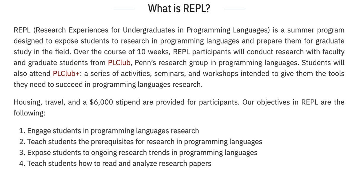 Calling all undergrads in computer science, engineering, and programming languages! Join the REPL summer program at Penn for an unforgettable 10-week journey. Immerse yourself in groundbreaking programming language research and collaborate with top researchers. Apply now! 💻📚👇