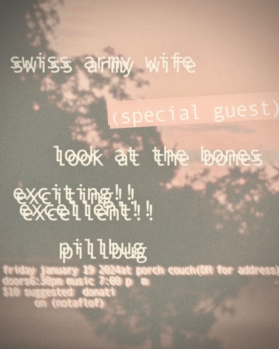 SwissArmyWifey's tweet photo. We’ve got our first show of 2024 coming up on 1/19 w/our friends in @superexcitebike @pillbugpdx and @LATBones, along with a mystery guest. This is our only show for a minute while we work on ✨new things✨ and it is sure to be a bop. Cya there 🥰 https://t.co/b0jjbsFs9H