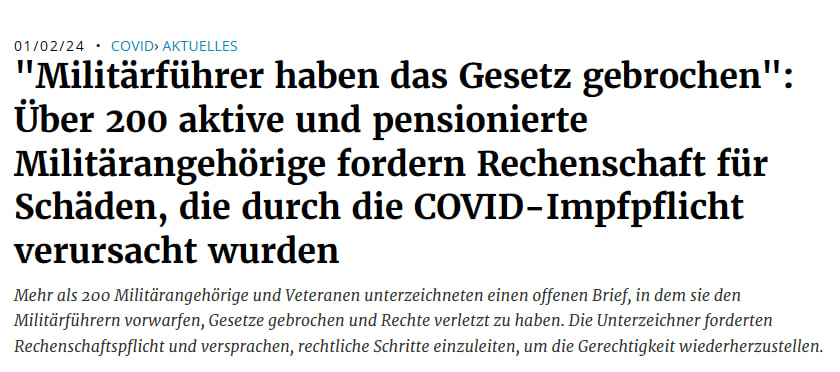 SonguelSunny's tweet photo. "Militärführer haben das Gesetz gebrochen": Über 200 aktive und pensionierte Militärangehörige fordern Rechenschaft für Schäden, die durch die COVID-Impfpflicht verursacht wurden

Mehr als 200 Militärangehörige und Veteranen unterzeichneten einen offenen Brief, in dem sie den Militärführern vorwarfen, Gesetze gebrochen und Rechte verletzt zu haben. Die Unterzeichner forderten Rechenschaftspflicht und versprachen, rechtliche Schritte einzuleiten, um die Gerechtigkeit wiederherzustellen.

Über 200 Angehörige des aktiven Dienstes und Veteranen haben am Montag einen offenen Brief an das amerikanische Volk veröffentlicht, in dem sie die Rechenschaftspflicht für die Illegalität und die Schäden fordern, die durch die COVID-19-Impfpflicht für US-Militärangehörige verursacht wurden.
... weiter im Artikel
https://t.co/cZE87EFg7w

#Covid #Impfnebenwirkungen