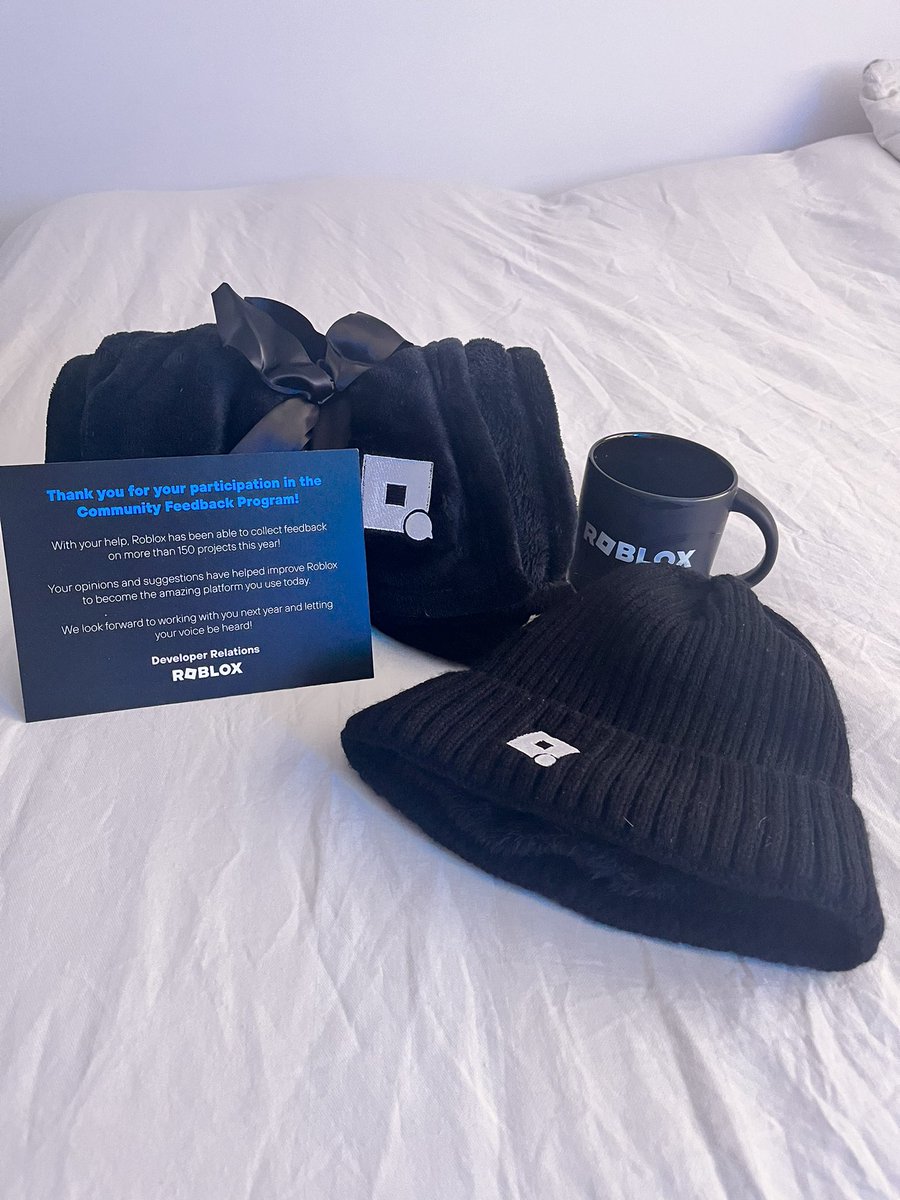 Thanks <a href="/Roblox/">Roblox</a> and <a href="/robloxdevrel/">Roblox Developer Relations</a>! Thank you so much for the gift, the beanie is awesome and so comfy!!! Looking forward to 2024 and the community feedback program! 🩵