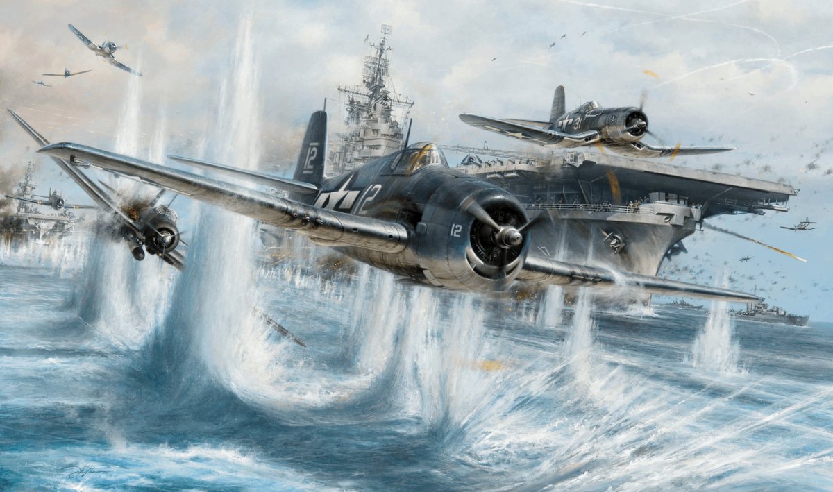 theaviationart's tweet image. Battle for the Solomons - Task Force 50 to Rabaul 
Artist: John D. Shaw

#Hellcat #Rabaul #f4u #Corsair #fighteraircraft #theaviationart #theaviationartofficial #Paintings #Artwork #Airplane #Planes #warbird #carrierplanes #militaryhistory #fighteraircraft #aviationpic #airforce