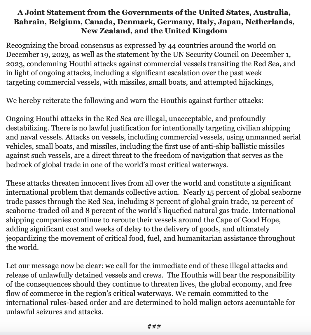 visegrad24's tweet photo. BREAKING:

The governments of USA, Australia, Bahrain, Belgium, Canada, Denmark, Germany, Italy, Japan, Netherlands, New Zealand &amp; the UK just issued a joint warning to the Houthis in Yemen

The attacks in the Bab al-Mandab Strait need to stop, or the Houthis will get attacked https://t.co/emDurLROZO