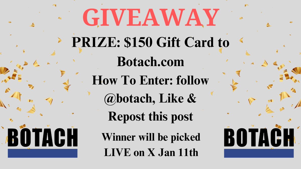 botach's tweet photo. BOTACH GIVEAWAY:
PRIZE: $150 Gift Card to Botach website
How To Enter: follow @botach ,
Like and repost this post. (must do all 3 to enter)
The winner will be picked LIVE on X Jan 11th, 2024
#BOTACH https://t.co/m3qJaqhVck