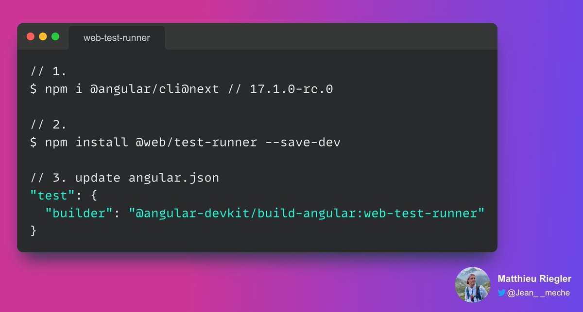 Matthieu Riegler (@jean__meche) on Twitter photo Initial #WebTestRunner <a href="/modern_web_dev/">Modern Web</a> support has just landed for #Angular with the first RC of the 17.1 !
Soon you'll be able to leave #Karma behind ! Initial #WebTestRunner <a href="/modern_web_dev/">Modern Web</a> support has just landed for #Angular with the first RC of the 17.1 !
Soon you'll be able to leave #Karma behind !