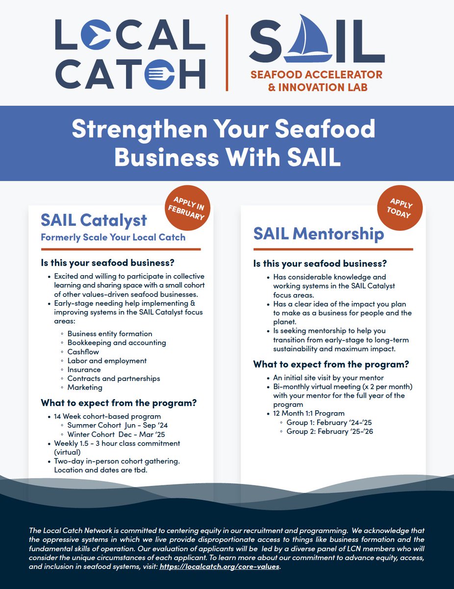 Our <a href="/LocalCatch/">Local Catch Network</a> team is launching a new program for seafood businesses called the Seafood Accelerator and Innovation Lab (SAIL). Apply today!  shorturl.at/cdj05