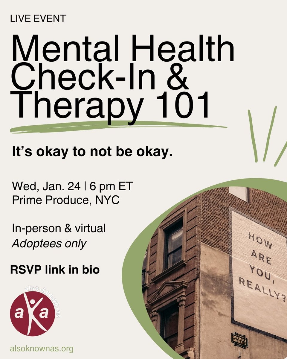 Join us to learn advice from adoptee-oriented mental health pros on checking in with yourself, seeking out support &amp; community, and overcoming obstacles to finding an adoptee-sensitive therapist. 

RSVP to attend on Jan. 24th (in NYC or virtually): docs.google.com/forms/d/e/1FAI…