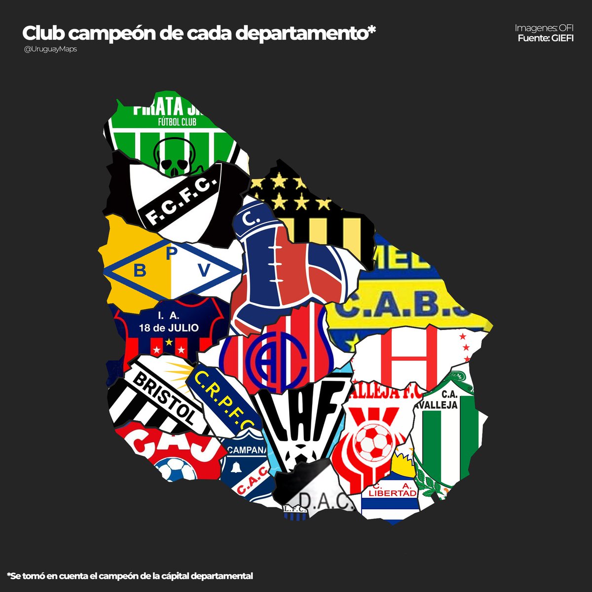 UruguayMaps's tweet photo. Club campeón de cada departamento ⚽️🏆 https://t.co/FQjARw8ktY