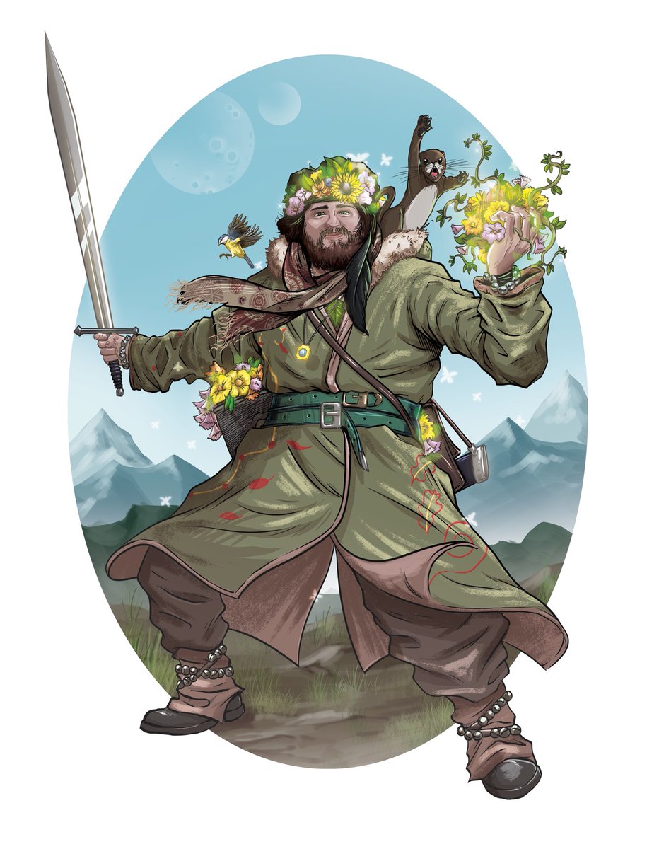 Commission for a friend from work! Their partner is a LARP guy so I worked up a character portrait of his Druid and familiars! 🗡️ 🌺