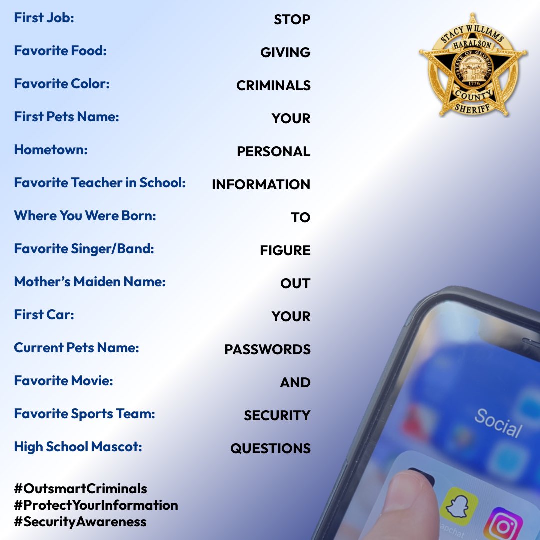 HaralsonSheriff's tweet image. We know, a friend posted a fun little SM game and you just HAVE to play it. After all, what could go wrong??? 🤔

Hacked email accounts. 
Cloned SM accounts. 
Empty bank accounts. 
Ruined credit. 

Get it now? It’s not “just” a game. 

#ItsNotAGame 
#SecurityAwareness 
#HCSO