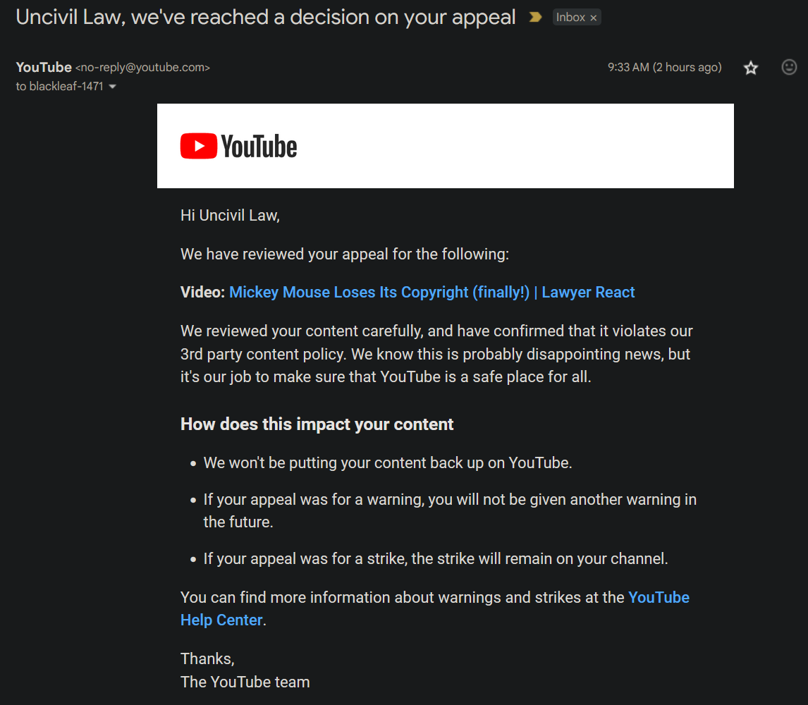 UncivilLaw's tweet photo. @YouTubeCreators @TeamYouTube @YouTube  @YouTubeLiaison @reneritchie How do we correct this injustice? I violated NO 3rd party content rights in my livestream- Steamboat Willie is in the PUBLIC DOMAIN as of Jan 1, 2024. This is a clear error that must be reversed. https://t.co/pq7CrjqETb