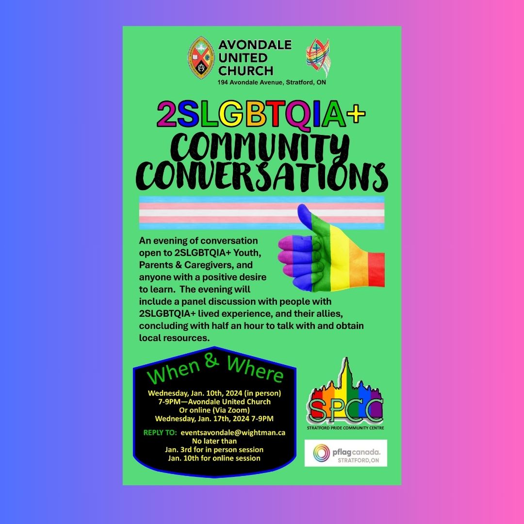 Our friends at Avondale United Church are hosting some very good conversation opportunities! Check out the details below!