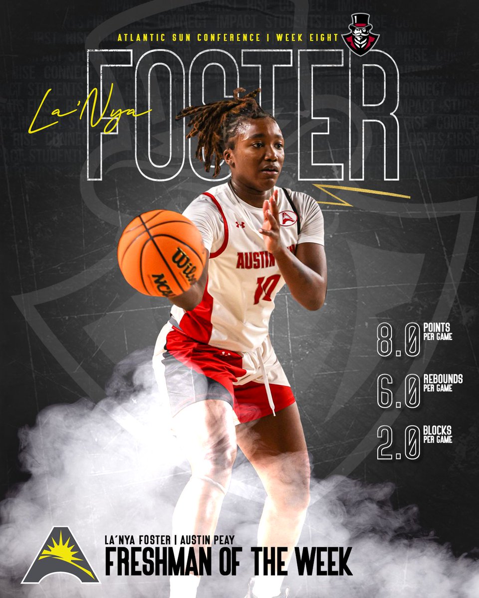 #ASUNWBB ꜰʀᴇꜱʜᴍᴀɴ ᴏꜰ ᴛʜᴇ ᴡᴇᴇᴋ - @tharealnyaaa ▪️ Earned the first start of her career in APSU's win over Miami (OH) to close out the 2023 year 💯🏀 🔗| asunsports.org/news/2023/12/2… #ASUNBuilt | #LetsGoPeay | @GovsWBB