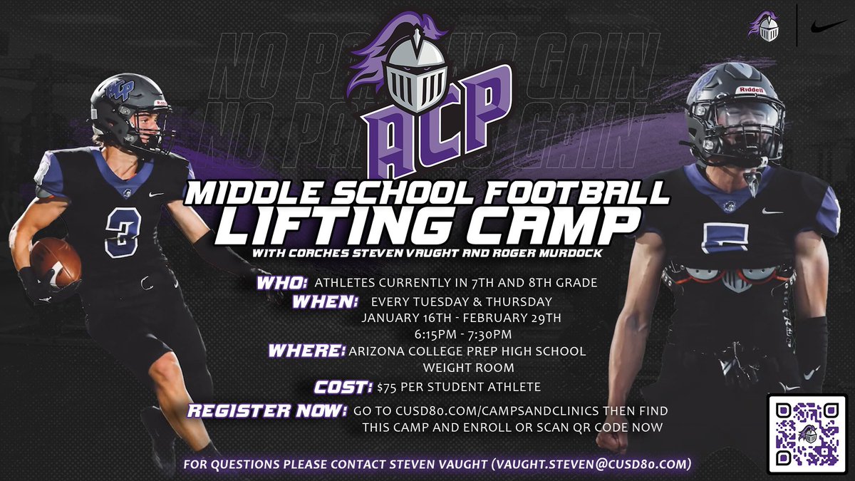 📢Calling all 7th & 8th Grade Football Players! Come out to ACP to start developing your fundamentals in the weight room. See our camp information in the attached flyer. #BiggerFasterStronger Go KNIGHTS!!!
