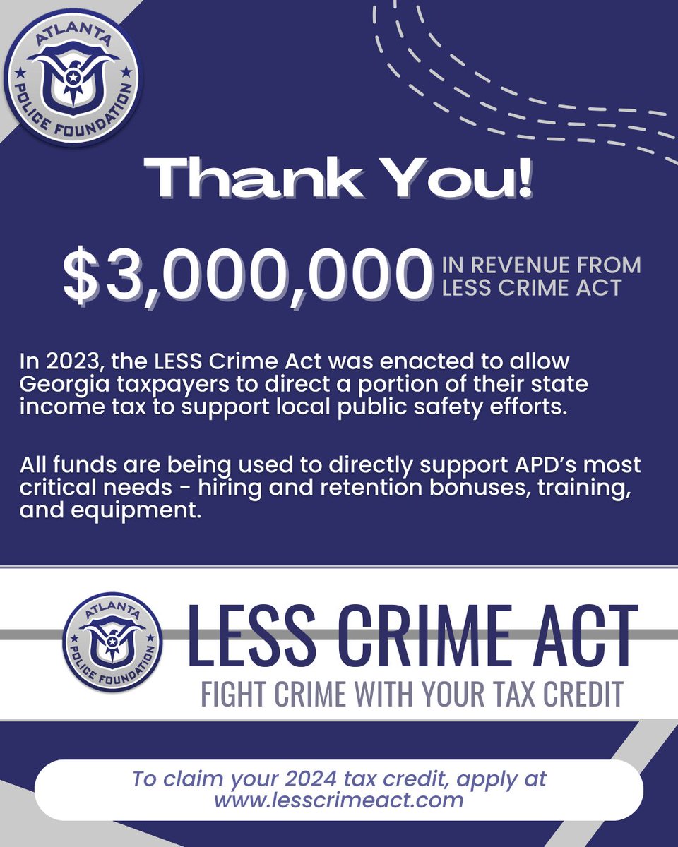 Thanks to all who participated, APF secured $3M from the LESS Crime Act, a program where taxpayers can directly participate in public safety. Funds support hiring & retention bonuses, training, & equipment for @Atlanta_Police Claim your 2024 tax credit @ lesscrimeact.com