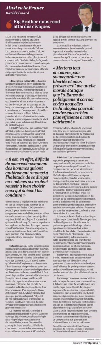 En voyant cette une de @Valeurs, on ne peut que penser à l’excellente tribune de @davidlisnard parue en mars 2023 dans @lopinion_fr : Big Brother nous rend attardés civiques • Vite une @Nouv_Energie !