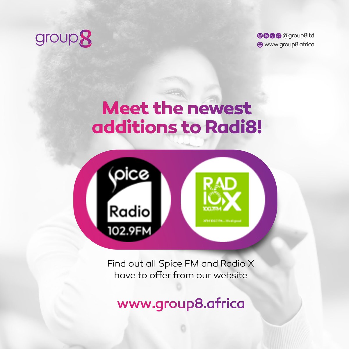 group8LTD's tweet photo. Introducing the latest additions to Radi8! Click on the link below to visit our website and discover the full spectrum of offerings from Spice FM and Radio X.
https://t.co/y61HXdTzKq
#group8 #group8LTD
.
.
#radio #radiostations #media #tech #music #movie #award #africa https://t.co/1ElvDfvhBI